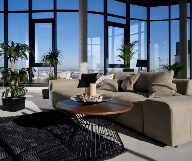 Modern spacious room with large panoramic window.